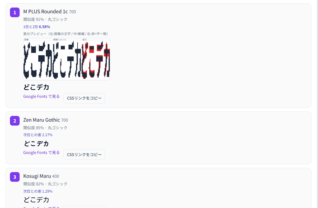 候補フォント一覧と信頼度・差分プレビューの画面